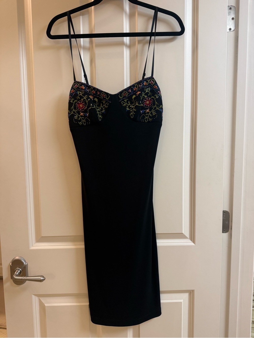 BCBGMaxAzria Black Midi Dress with Multicolor Floral Embroidered Bust